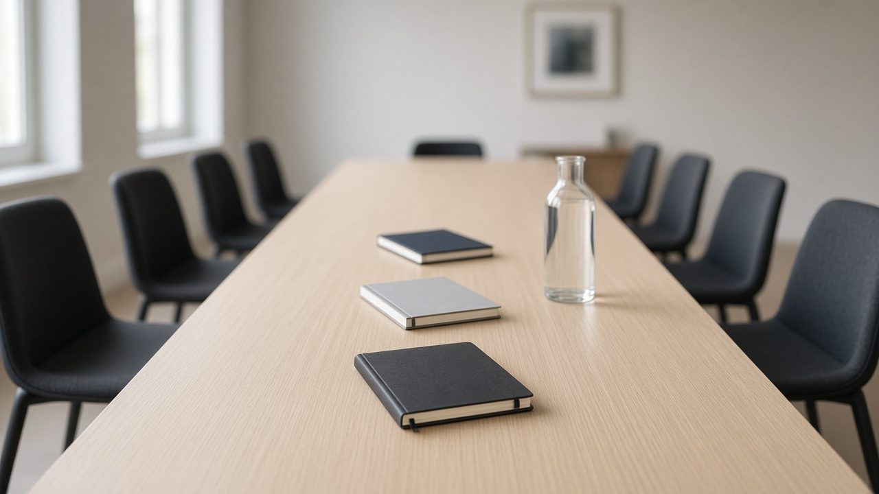 Uzun toplantı masasında üç kapalı defter ve sürahi